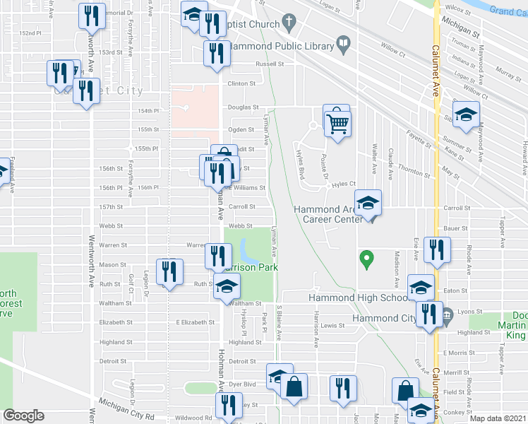 map of restaurants, bars, coffee shops, grocery stores, and more near 266 Carroll Street in Hammond