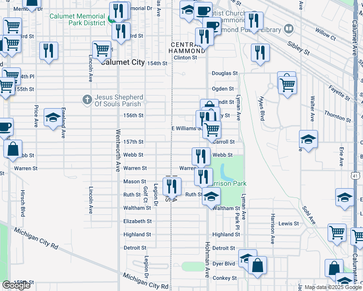 map of restaurants, bars, coffee shops, grocery stores, and more near 4 Carroll Street in Hammond