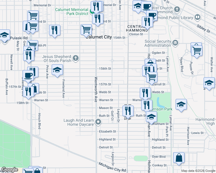 map of restaurants, bars, coffee shops, grocery stores, and more near 111 157th Street in Calumet City