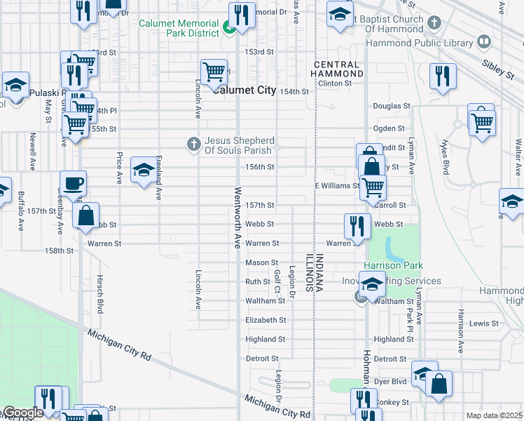 map of restaurants, bars, coffee shops, grocery stores, and more near 111 157th Street in Calumet City