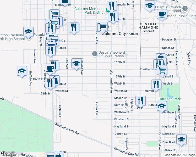 map of restaurants, bars, coffee shops, grocery stores, and more near 301 157th Street in Calumet City