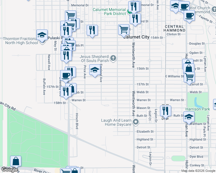 map of restaurants, bars, coffee shops, grocery stores, and more near 331 157th Street in Calumet City