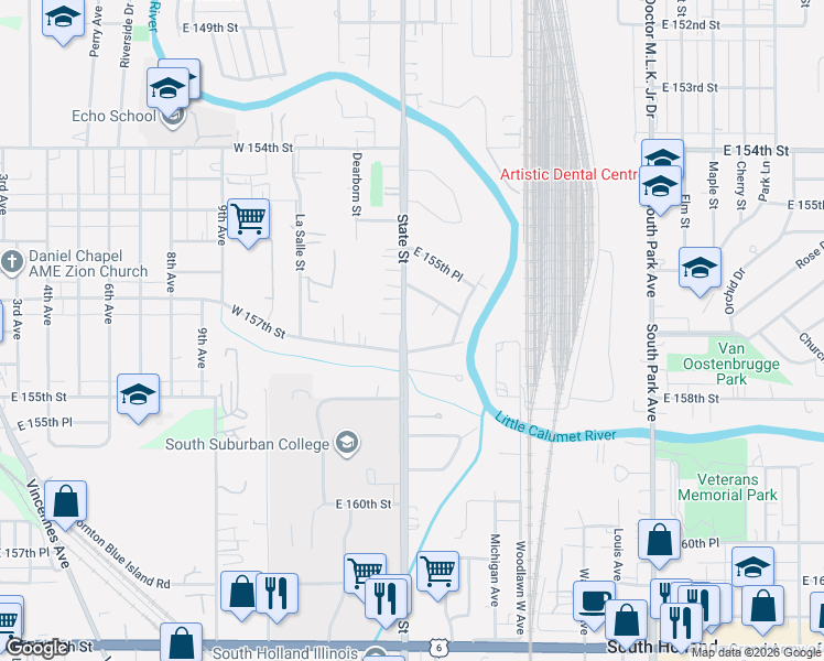 map of restaurants, bars, coffee shops, grocery stores, and more near 15669 State Street in South Holland