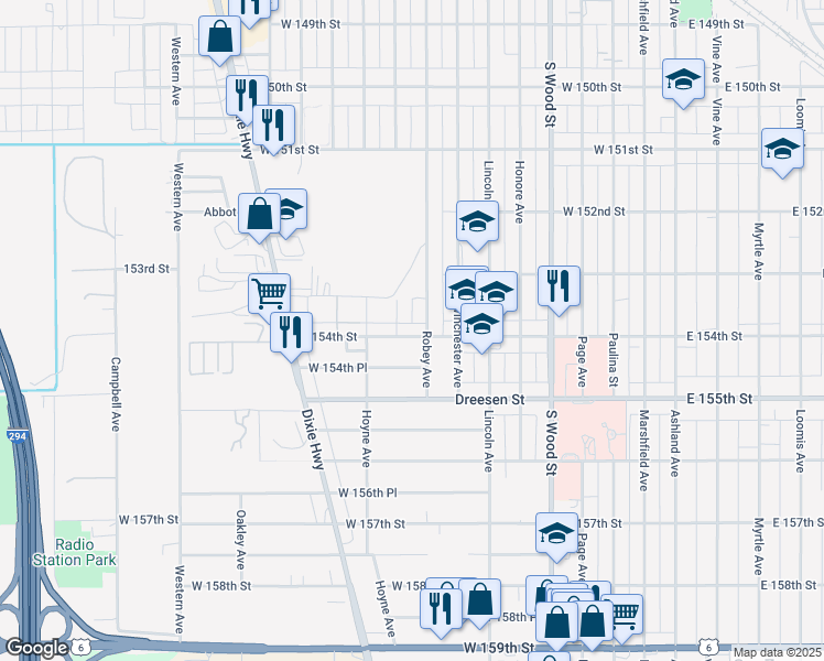 map of restaurants, bars, coffee shops, grocery stores, and more near 169 West 154th Street in Harvey