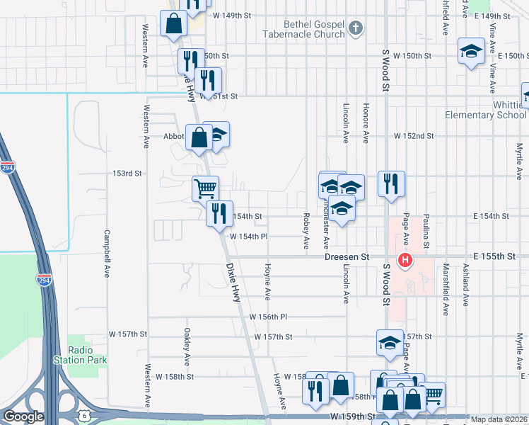 map of restaurants, bars, coffee shops, grocery stores, and more near 195 West 154th Street in Harvey