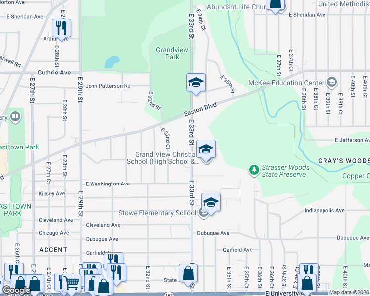 map of restaurants, bars, coffee shops, grocery stores, and more near 1804 East 33rd Street in Des Moines