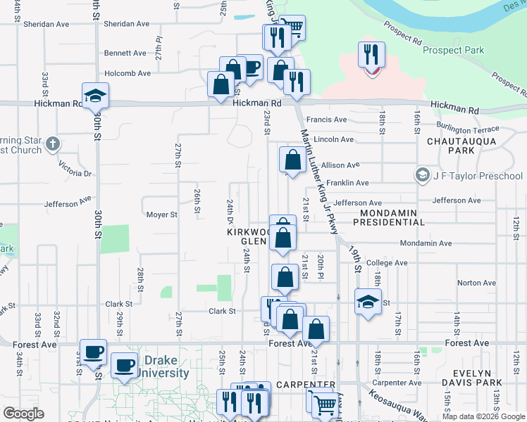 map of restaurants, bars, coffee shops, grocery stores, and more near 1717 23rd Street in Des Moines