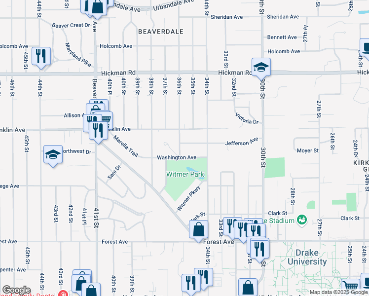 map of restaurants, bars, coffee shops, grocery stores, and more near 1706 36th Street in Des Moines
