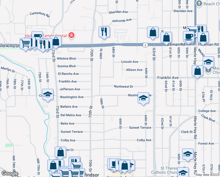 map of restaurants, bars, coffee shops, grocery stores, and more near 6620 Northwest Drive in Windsor Heights