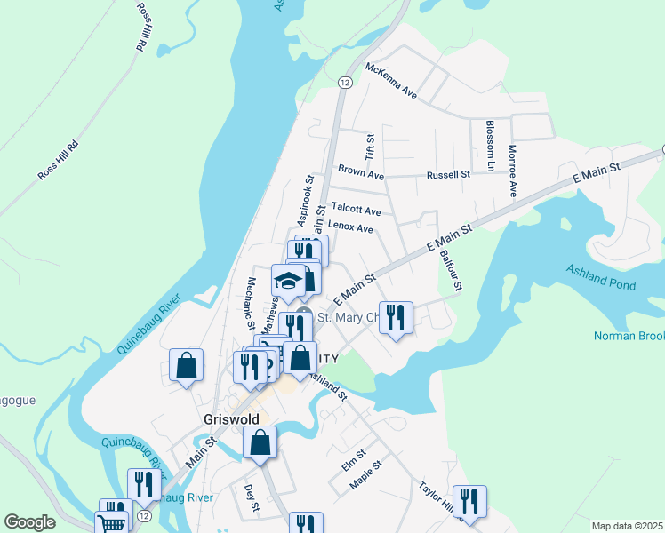 map of restaurants, bars, coffee shops, grocery stores, and more near 38 Palmer Avenue in Griswold