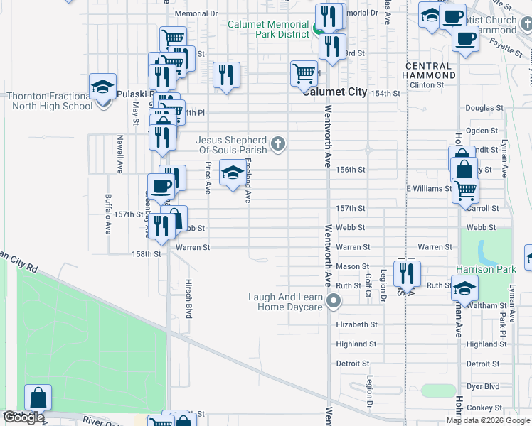 map of restaurants, bars, coffee shops, grocery stores, and more near 331 157th Street in Calumet City