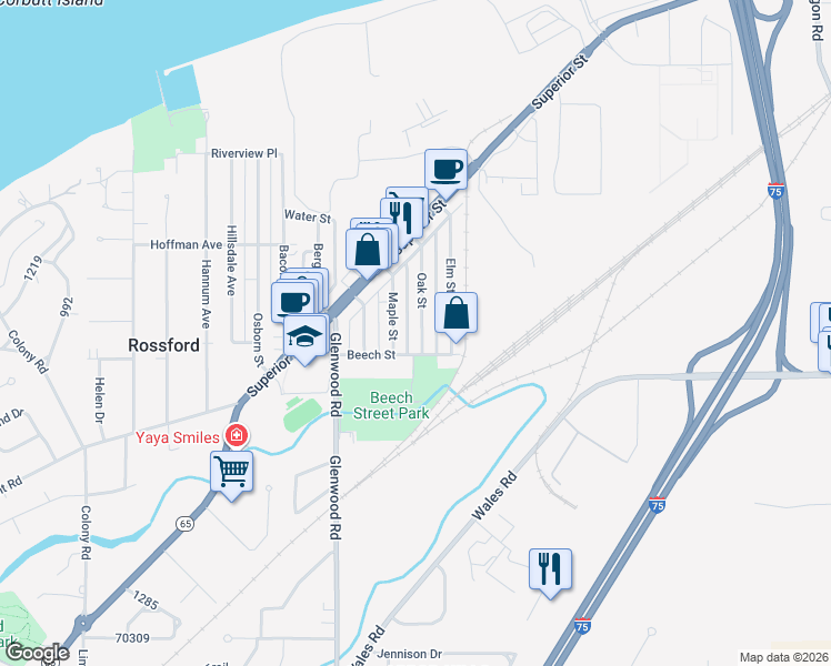 map of restaurants, bars, coffee shops, grocery stores, and more near 194 Oak Street in Rossford