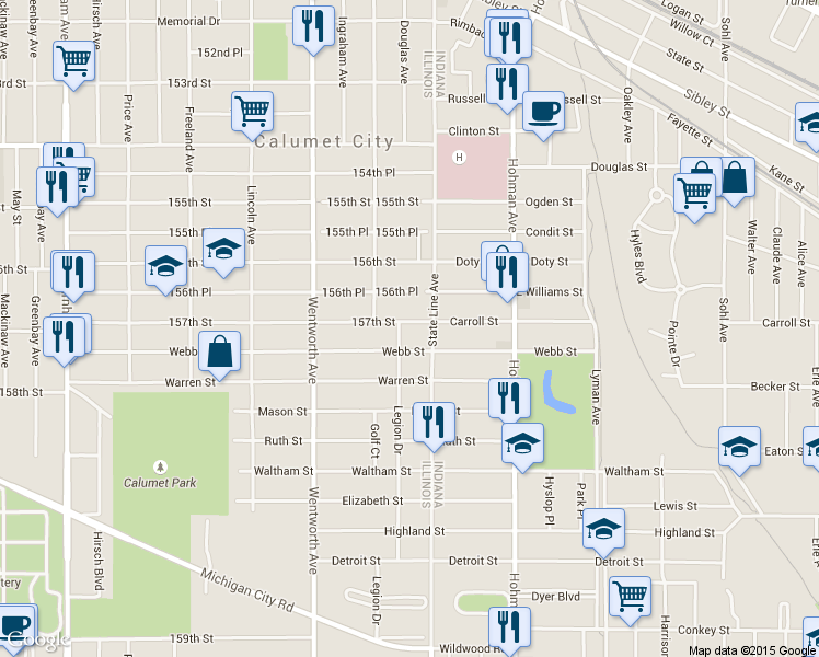 map of restaurants, bars, coffee shops, grocery stores, and more near 9 157th Street in Calumet City