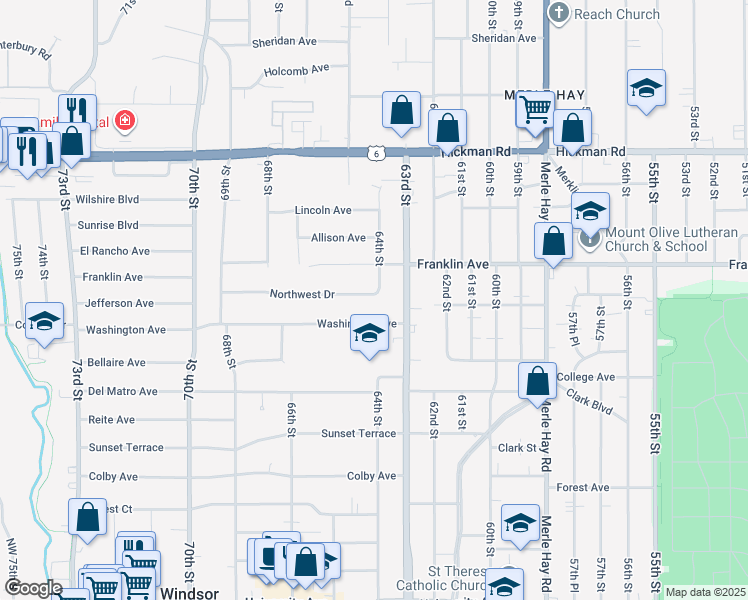 map of restaurants, bars, coffee shops, grocery stores, and more near 6402 Northwest Drive in Windsor Heights