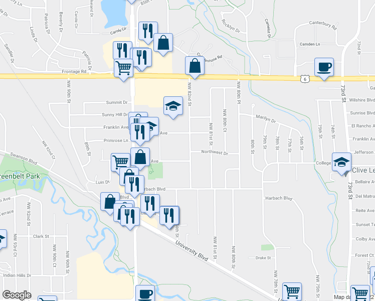 map of restaurants, bars, coffee shops, grocery stores, and more near 1930 Northwest 82nd Street in Clive