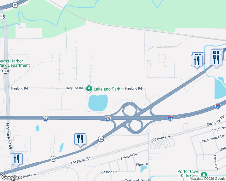 map of restaurants, bars, coffee shops, grocery stores, and more near 200-232 County Road 1225 North in Burns Harbor