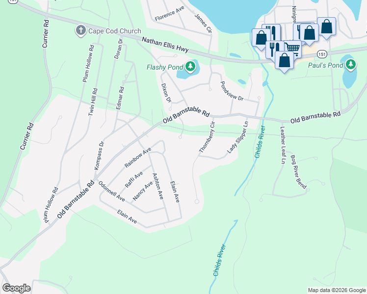 map of restaurants, bars, coffee shops, grocery stores, and more near 18 Kristina Ln in Mashpee