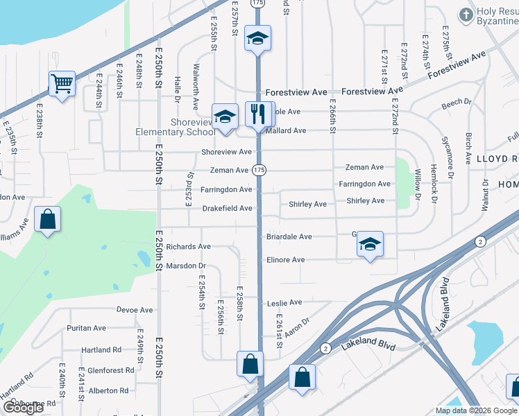 map of restaurants, bars, coffee shops, grocery stores, and more near E 260th St & Drakefield Ave in Euclid