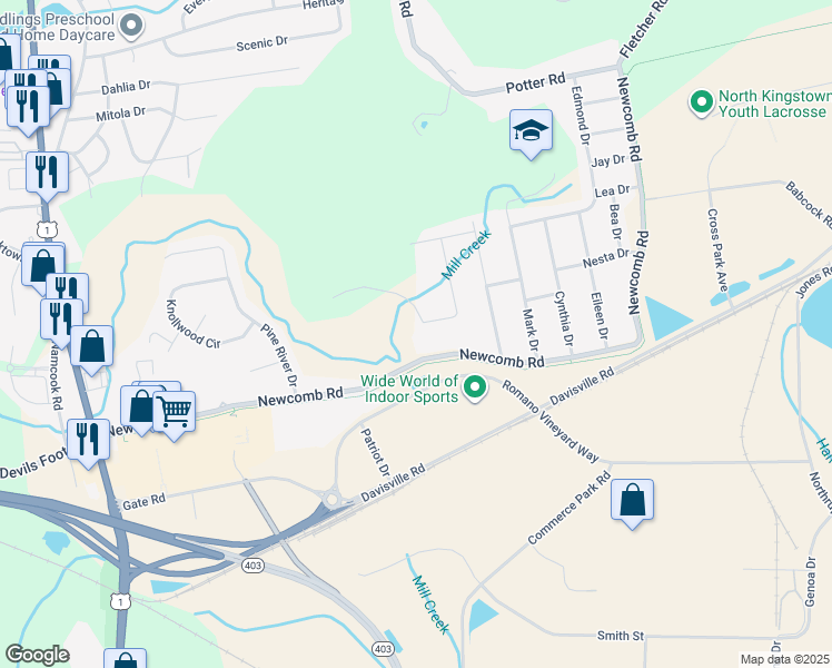 map of restaurants, bars, coffee shops, grocery stores, and more near 116 Jerry Lane in North Kingstown