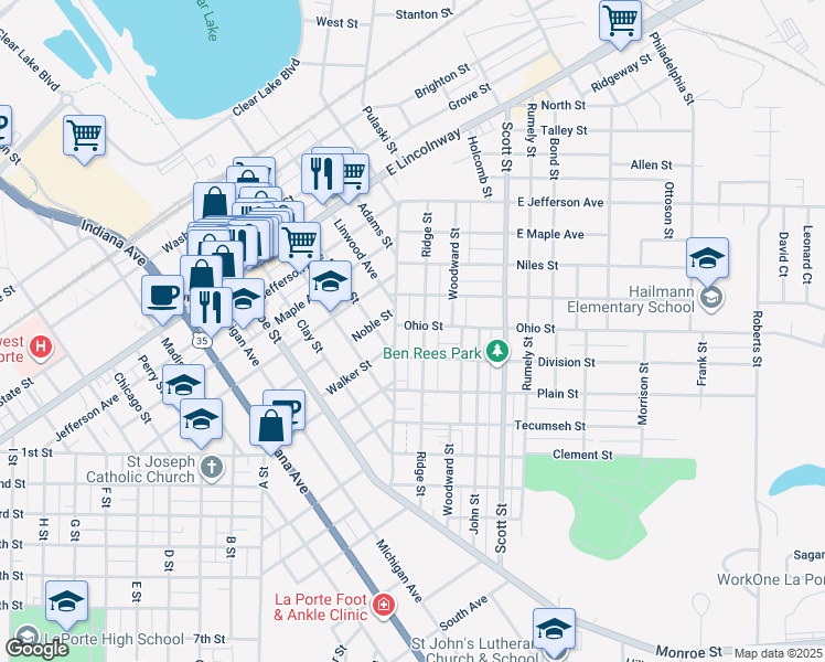 map of restaurants, bars, coffee shops, grocery stores, and more near 110 Ohio Street in La Porte