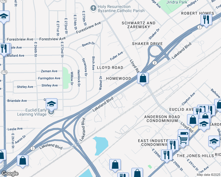 map of restaurants, bars, coffee shops, grocery stores, and more near 28954 Homewood Drive in Wickliffe