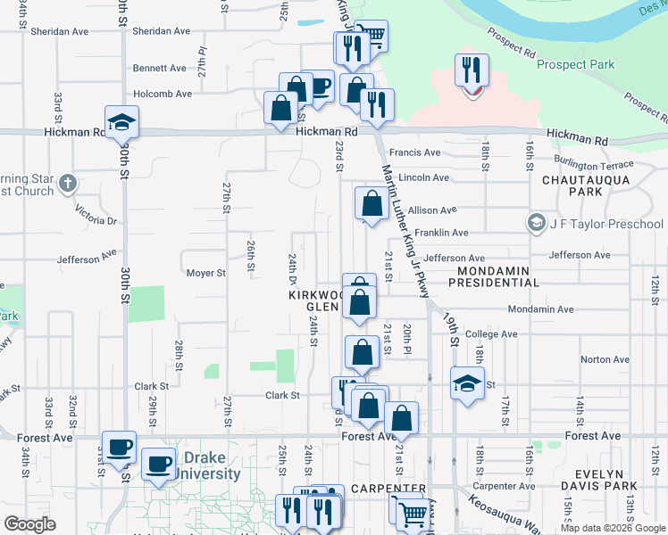 map of restaurants, bars, coffee shops, grocery stores, and more near 1717 23rd Street in Des Moines