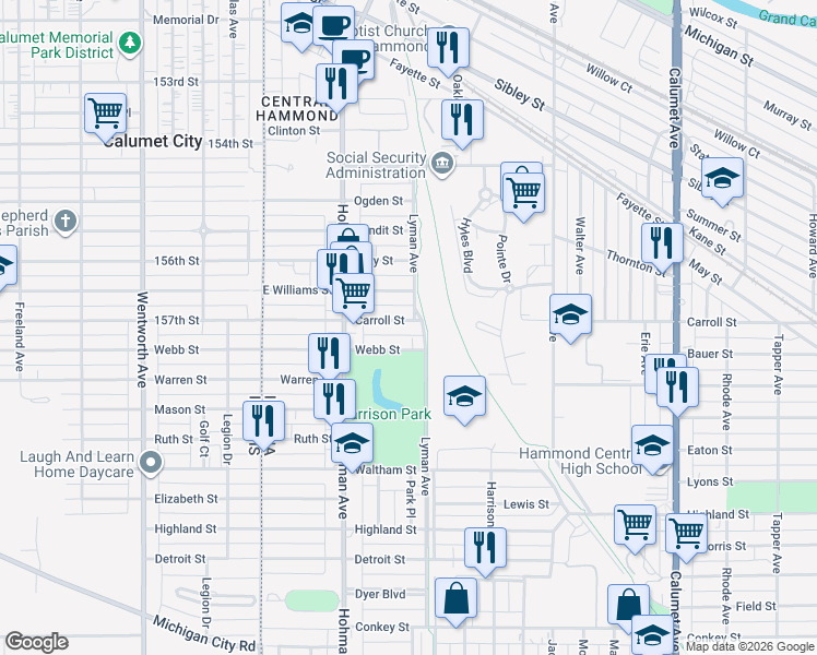 map of restaurants, bars, coffee shops, grocery stores, and more near 258 Carroll Street in Hammond