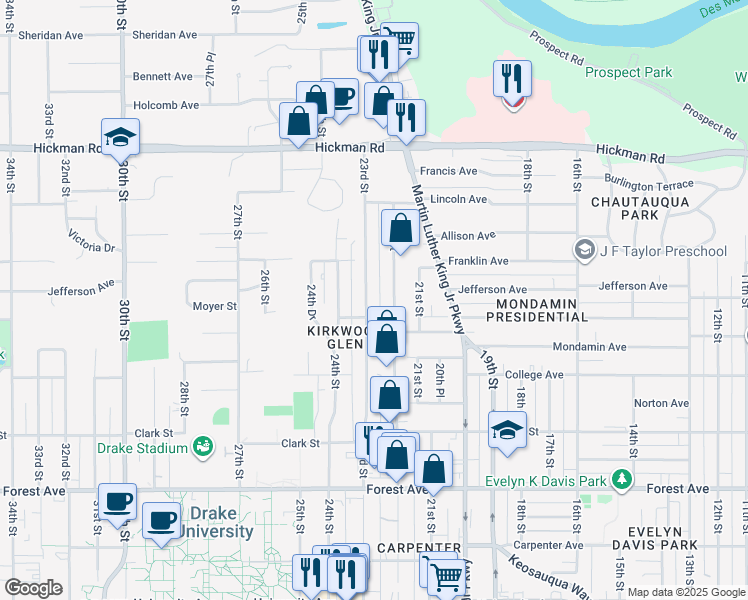 map of restaurants, bars, coffee shops, grocery stores, and more near 1717 23rd Street in Des Moines