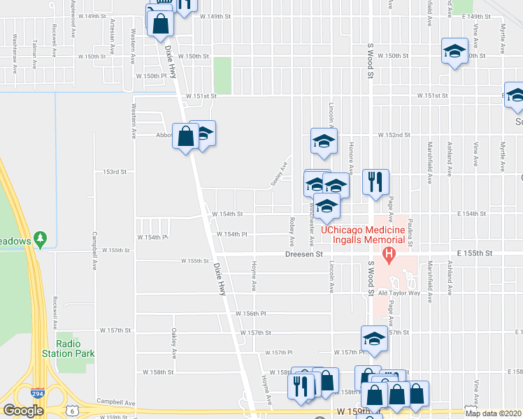 map of restaurants, bars, coffee shops, grocery stores, and more near 195 West 154th Street in Harvey