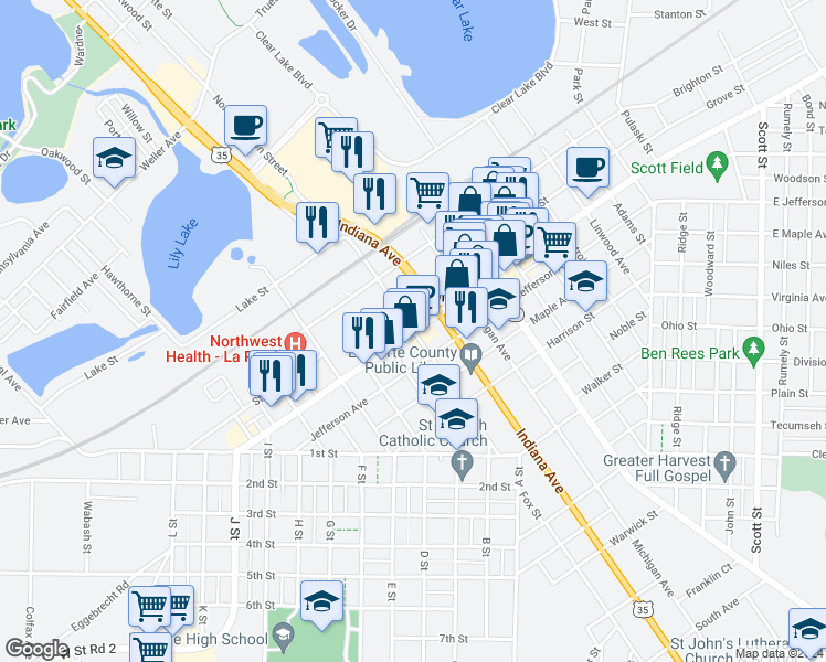 map of restaurants, bars, coffee shops, grocery stores, and more near 1001 Lincoln Highway in La Porte