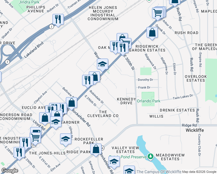 map of restaurants, bars, coffee shops, grocery stores, and more near 298 East 298th Street in Wickliffe