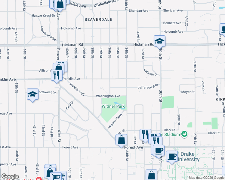 map of restaurants, bars, coffee shops, grocery stores, and more near 1706 36th Street in Des Moines