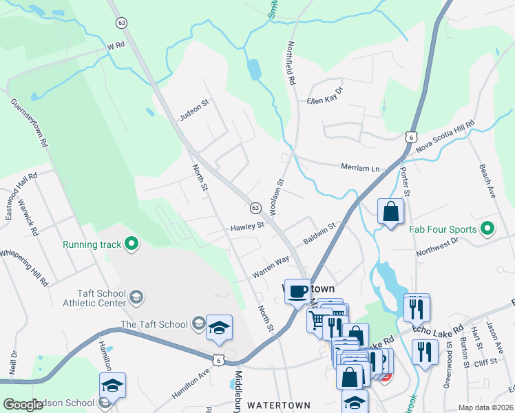 map of restaurants, bars, coffee shops, grocery stores, and more near 37 Litchfield Road in Watertown