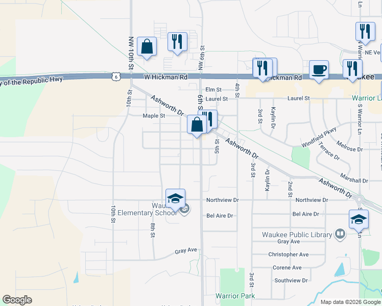 map of restaurants, bars, coffee shops, grocery stores, and more near 620 Locust Street in Waukee