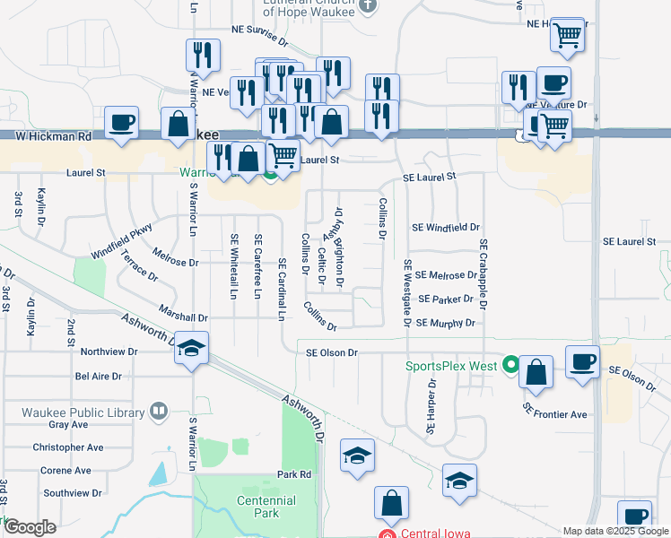 map of restaurants, bars, coffee shops, grocery stores, and more near 820 Brighton Drive in Waukee
