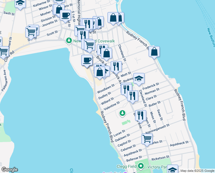 map of restaurants, bars, coffee shops, grocery stores, and more near 51 Woodlawn Street in New Bedford
