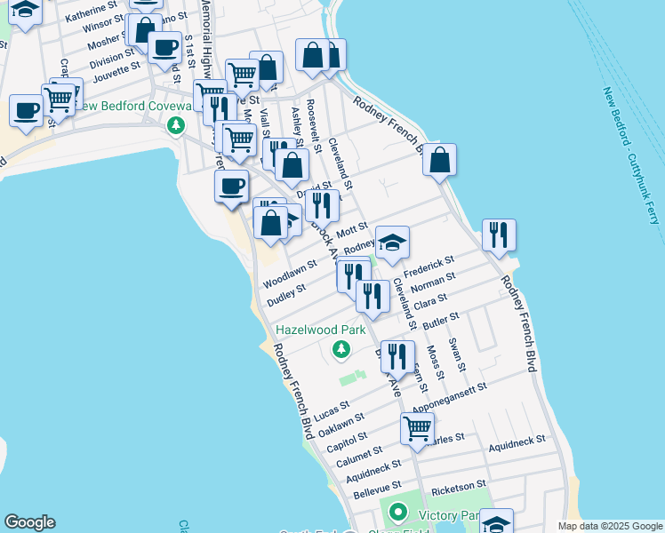 map of restaurants, bars, coffee shops, grocery stores, and more near 19 Dudley Street in New Bedford