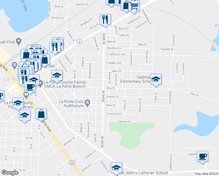map of restaurants, bars, coffee shops, grocery stores, and more near 598 Ohio Street in La Porte