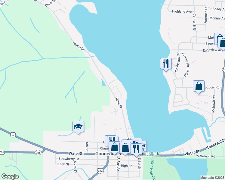 map of restaurants, bars, coffee shops, grocery stores, and more near Aldina Dr in Conneaut Lake