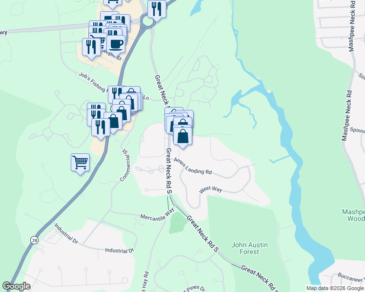 map of restaurants, bars, coffee shops, grocery stores, and more near 15 North Way in Mashpee