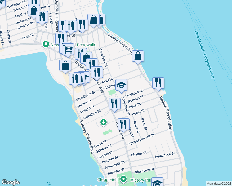 map of restaurants, bars, coffee shops, grocery stores, and more near 119 Frederick Street in New Bedford