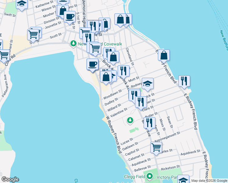 map of restaurants, bars, coffee shops, grocery stores, and more near 51 Woodlawn Street in New Bedford