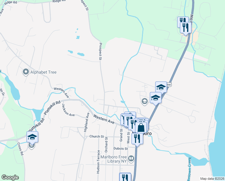 map of restaurants, bars, coffee shops, grocery stores, and more near 6 Hideaway Lane in Marlboro