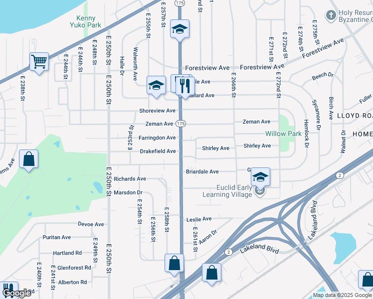 map of restaurants, bars, coffee shops, grocery stores, and more near in Euclid