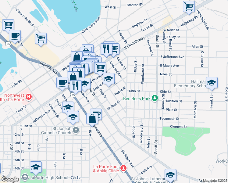 map of restaurants, bars, coffee shops, grocery stores, and more near 402 Harrison Street in La Porte