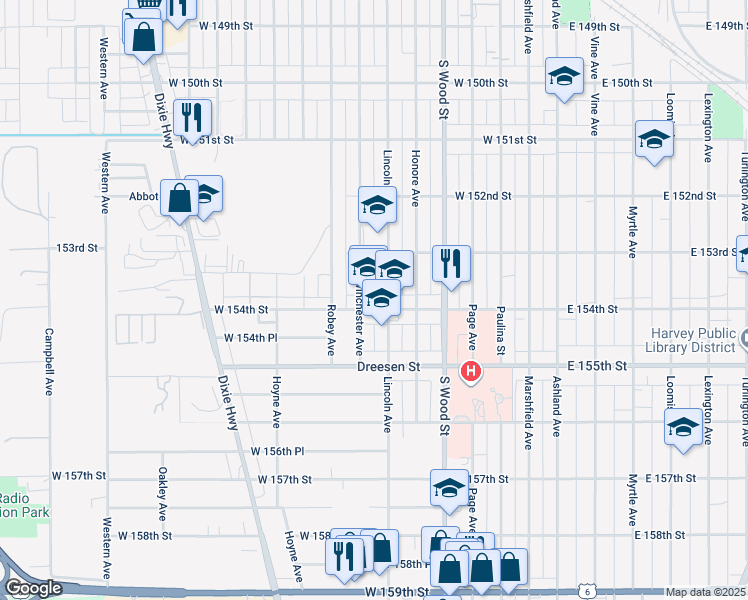 map of restaurants, bars, coffee shops, grocery stores, and more near 15346 Winchester Avenue in Harvey