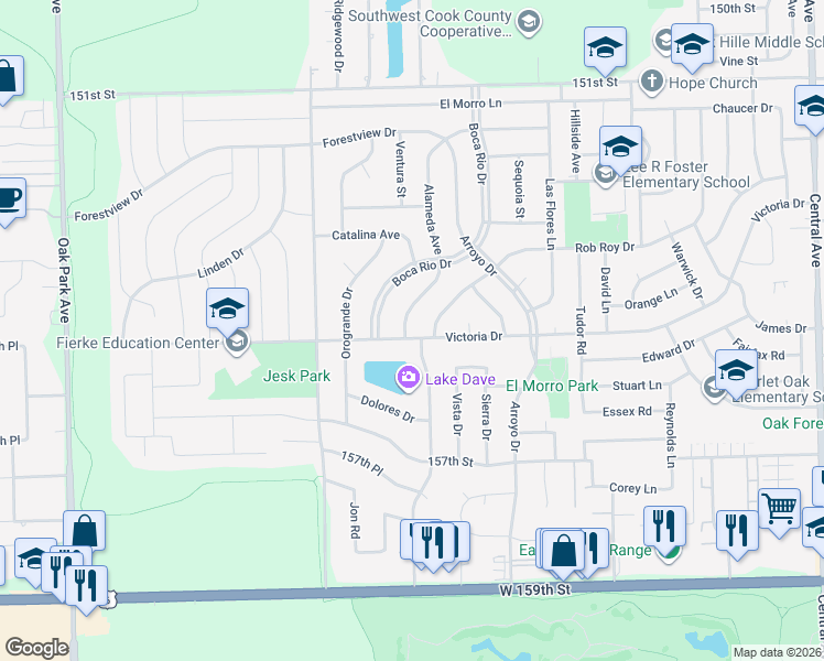 map of restaurants, bars, coffee shops, grocery stores, and more near 6240 Victoria Drive in Oak Forest