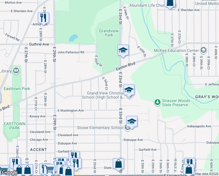 map of restaurants, bars, coffee shops, grocery stores, and more near 1809 East 32nd Court in Des Moines