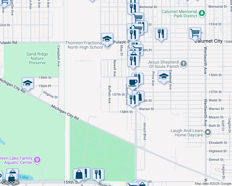 map of restaurants, bars, coffee shops, grocery stores, and more near 849 Buffalo Avenue in Calumet City