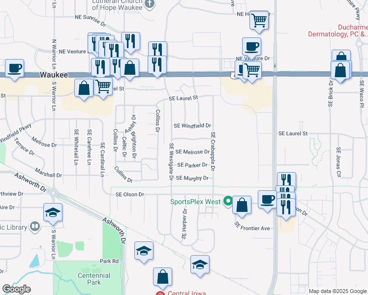 map of restaurants, bars, coffee shops, grocery stores, and more near 655 Southeast Melrose Drive in Waukee